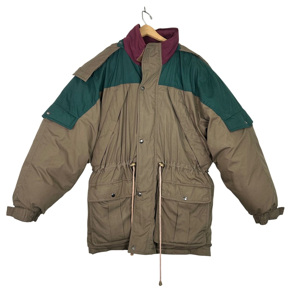Canyon Guide Goose Down Puffer Jacket Mens VTG Brown Colorblock Hooded Coat Sz-M